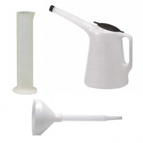 Pack Probeta 250m, Jarra plástico 5L y Embudo plástico